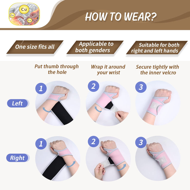 [Australia] - INDEEMAX 2 Pack Copper Wrist Brace Support for Carpal Tunnel, Pain Relief, Arthritis, Tendonitis, Adjustable Wrist Braces Compression Wraps Both Hands, Fit for Men and Women, Pink 