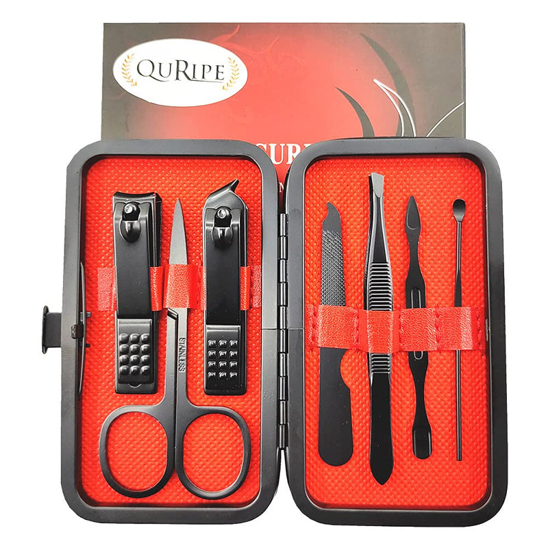 [Australia] - QURIPE 7pcs Manicure set, Nail Clippers Kit, Stainless Steel Manicure Kit, Nail Clipping Tools Portable Travel Grooming Kit, The Best Gift with Luxurious Case (Black-7) Black 