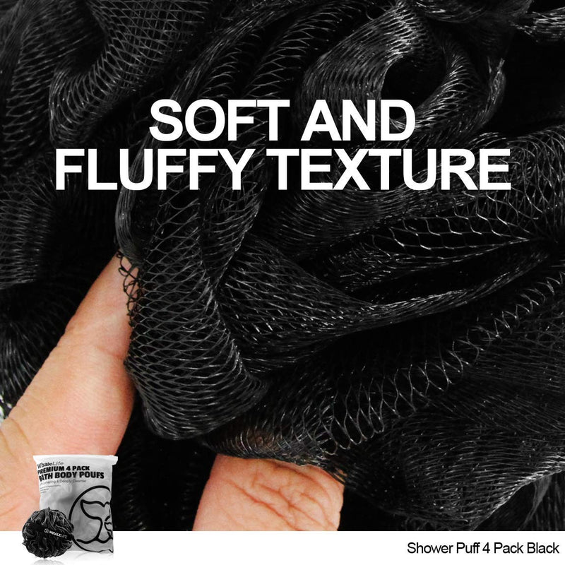 [Australia] - Shower Puff 4 Pack Black Bath Sponge Shower Loofahs Pouf Ball Nature Bamboo Charcoal Mesh Bulk Puffs Large, Shower Essential Skin Care by WhaleLife 