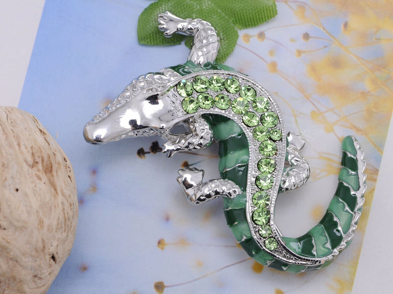 [Australia] - Alilang Green Silvery Tone Crawling Alligator Crocodile Reptile Body Brooch Pin 