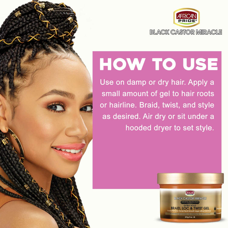[Australia] - African Pride Black Castor Miracle Extra Hold Braid, Loc, Twist Gel - Tames Frizz & Edges, No Parabens, No Sulfates, No Mineral Oil, No Petrolatum, Contains Black Castor & Coconut Oil, 8 oz 8 Ounce (Pack of 1) 