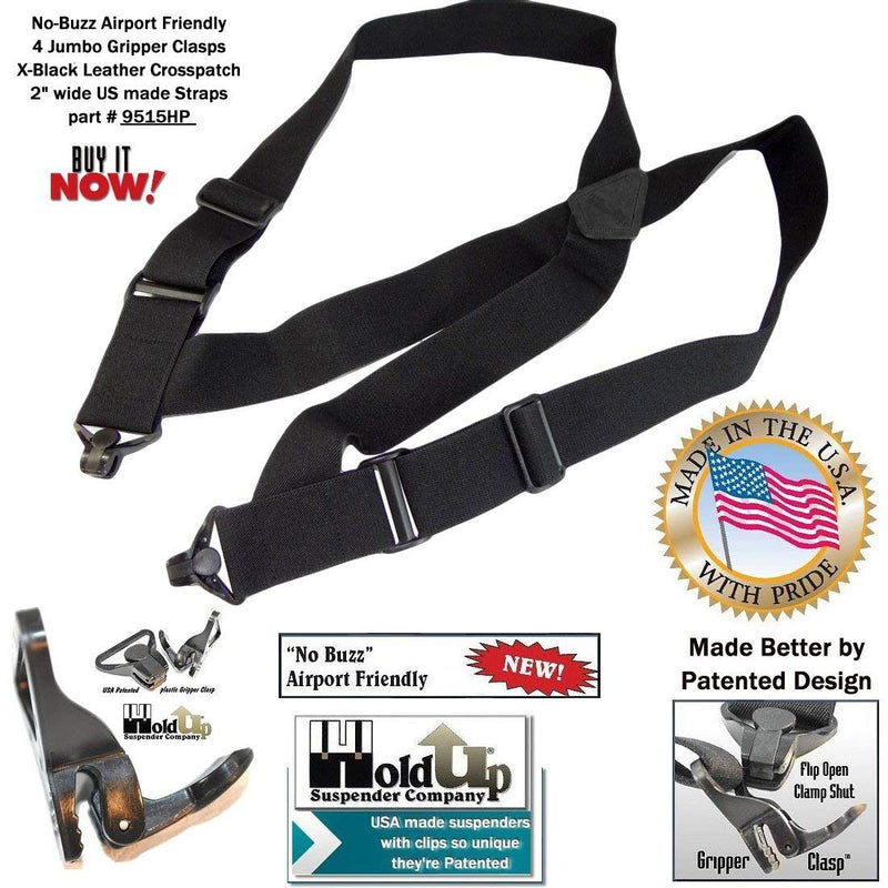 [Australia] - Airport Friendly Holdup Brand No-buzz Black 2" wide Hip Clip Suspenders with patented Jumbo Composite Plastic Gripper Clasps 