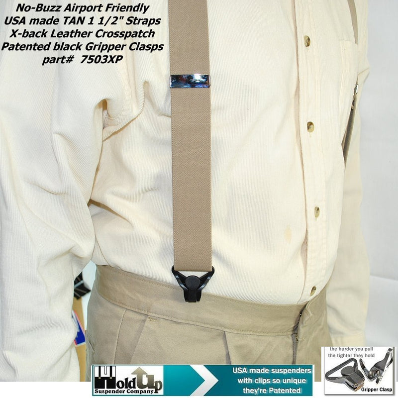 [Australia] - Holdup Suspender Brand No-buzz Series Airport Friendly light TAN Suspenders with black leather X-Back Crosspatch and Patented Gripper Clasps 