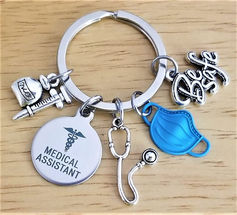[Australia] - Kit's Kiss Medical Assistant Keychain MA Keychain Stethoscope Syringe Caduceus Medical Symbol Nursing School Graduation Medical Student Gift, Silver, Blue, Diameter of Key Ring : 1.2 inches (3 cm) 