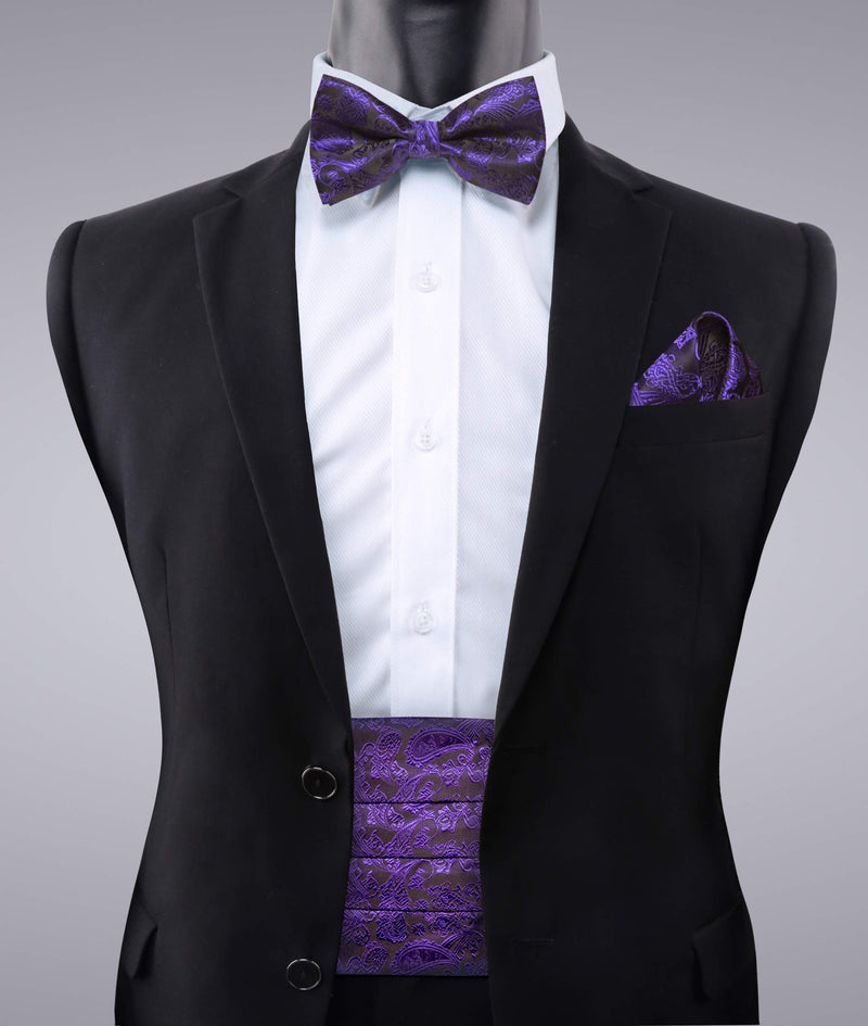 [Australia] - Alizeal Mens 3pc Classic Paisley Bow Tie and Cummerbund Set Dark Purple 