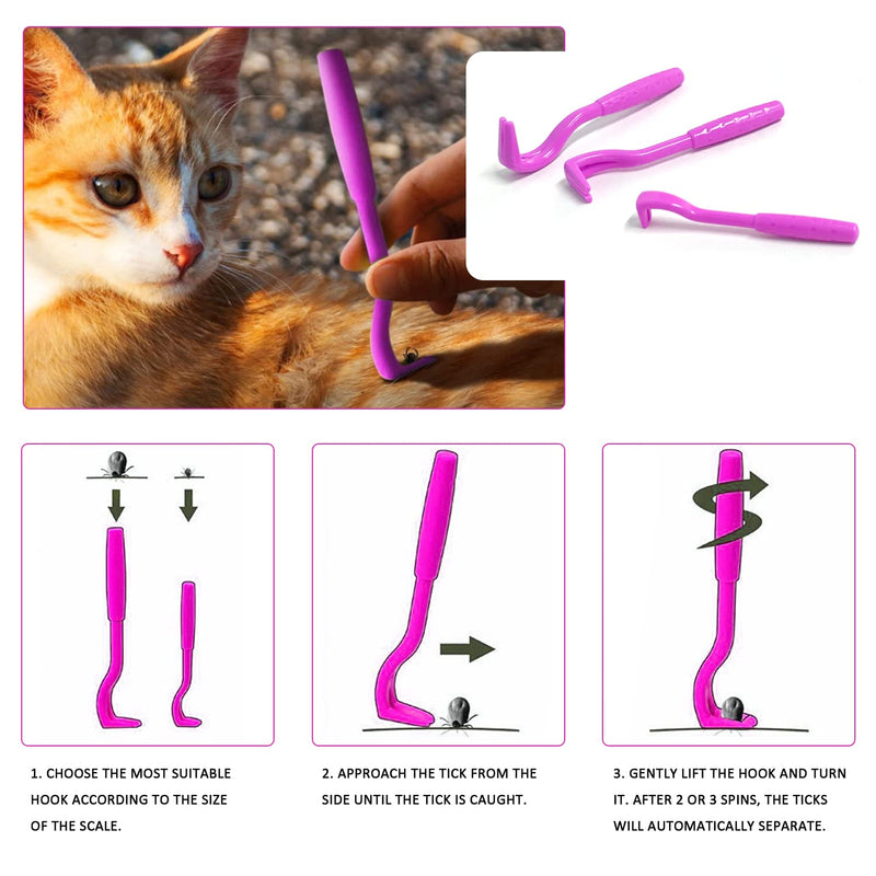 [Australia] - ZWZNBL 3 x Tick Remover, Cat and Dog Lice Remover, Tick Hook and Lice Tongs, Anti-Lice Accessories, Suitable for Removing Ticks and Fleas (Rose Red) Pink-red 