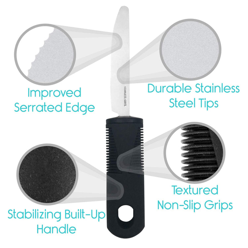 [Australia] - Vive Adaptive Utensil Set - Arthritis Aid Silverware for Parkinsons, Hand Tremors - Easy Grip for Shaking and Trembling Hands - Heavy Stainless Steel Spoon, Fork, Serrated Knife - Non Weighted Holder 