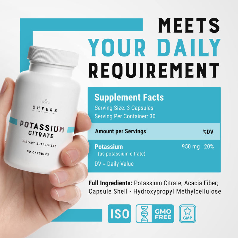 [Australia] - CHEERS - Potassium Citrate, 90 Vegan Capsules, 316 mg per Capsule, Potassium Supplement for Adults, Natural Mineral Electrolyte, Supports Cardiovascular and Blood Pressure Health 