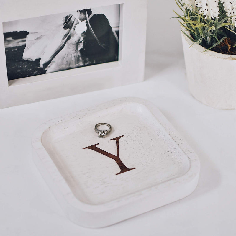 [Australia] - Solid Wood Personalized Initial Letter Jewelry Display Tray Decorative Trinket Dish Gifts For Rings Earrings Necklaces Bracelet Watch Holder (6"x6" Sq White "Y") 6"x6" Sq White "Y" 