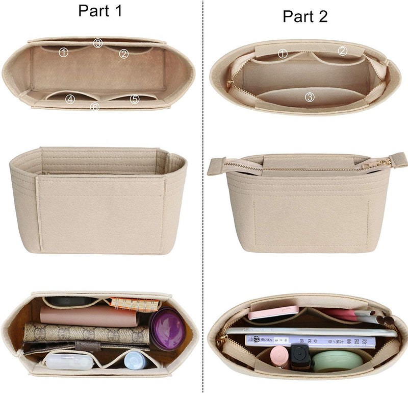 [Australia] - HyFanStr Felt Insert Bag Organizer with Zipper, Small Handbag Purse Organizer Tote Liner Pouch for Women, 2 Piece Set … 7.5"L x 2.8"W x 5.5"H Beige 