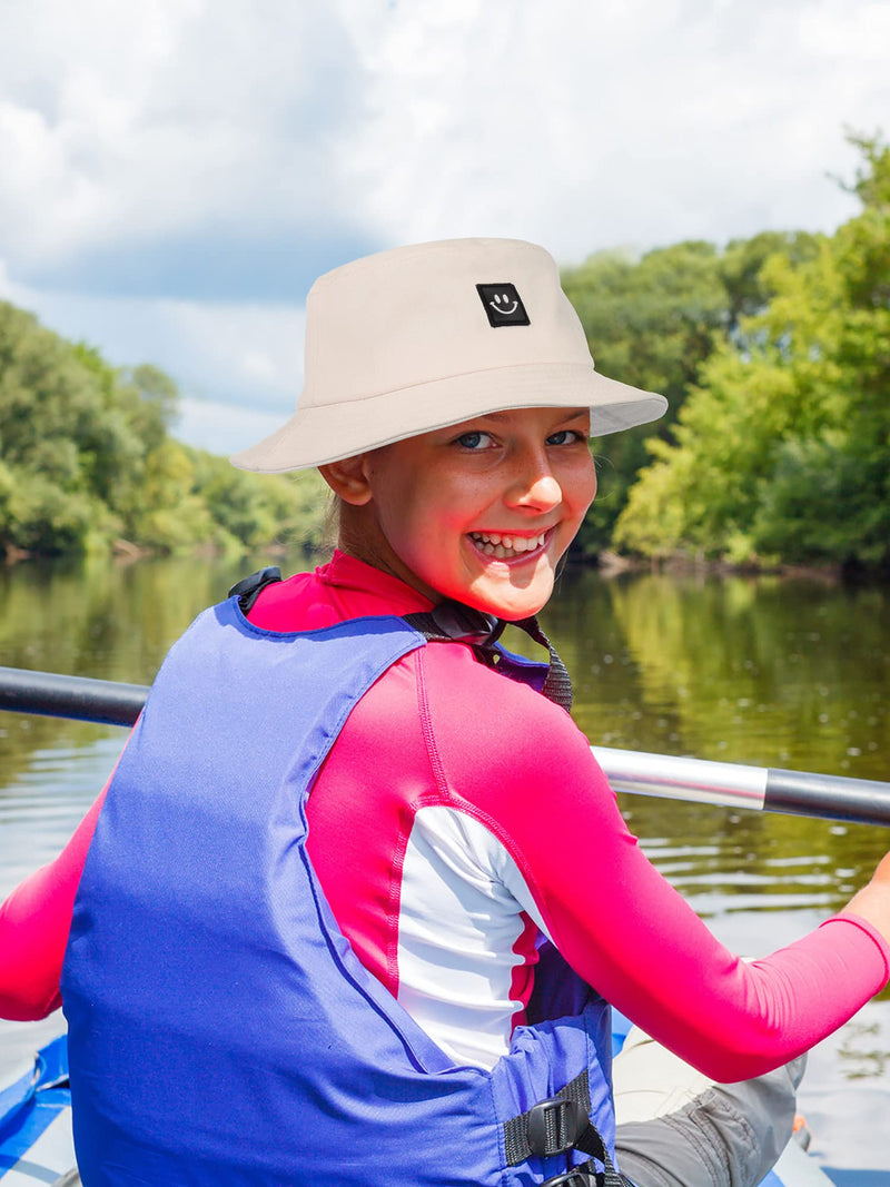 [Australia] - 2 Pieces Kids Bucket Hats Unisex Smile Face Visor Summer Travel Beach Sun Hat Beige 