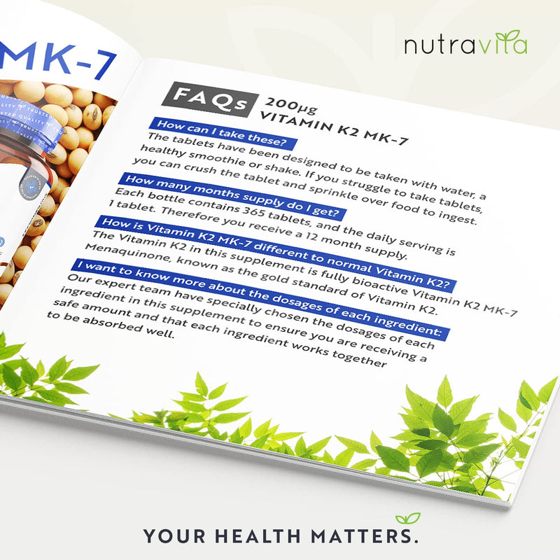 [Australia] - Vitamin K2 MK-7 200mcg - 365 Vegan Micro Tablets (Not Capsules) - Supports Maintenance of Normal Bones - High Strength Menaquinone MK7 - Made in The UK by Nutravita 