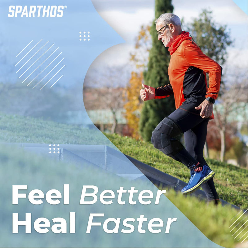 [Australia] - Sparthos Hinged Knee Brace - Relieves ACL, MCL, Meniscus Tear, Arthritis, Tendon Pain - Open Patella Design with Dual Metal Side Stabilizers - Support for Running, Knee Pain, For Men and Women (Large) Gray/Black Large 