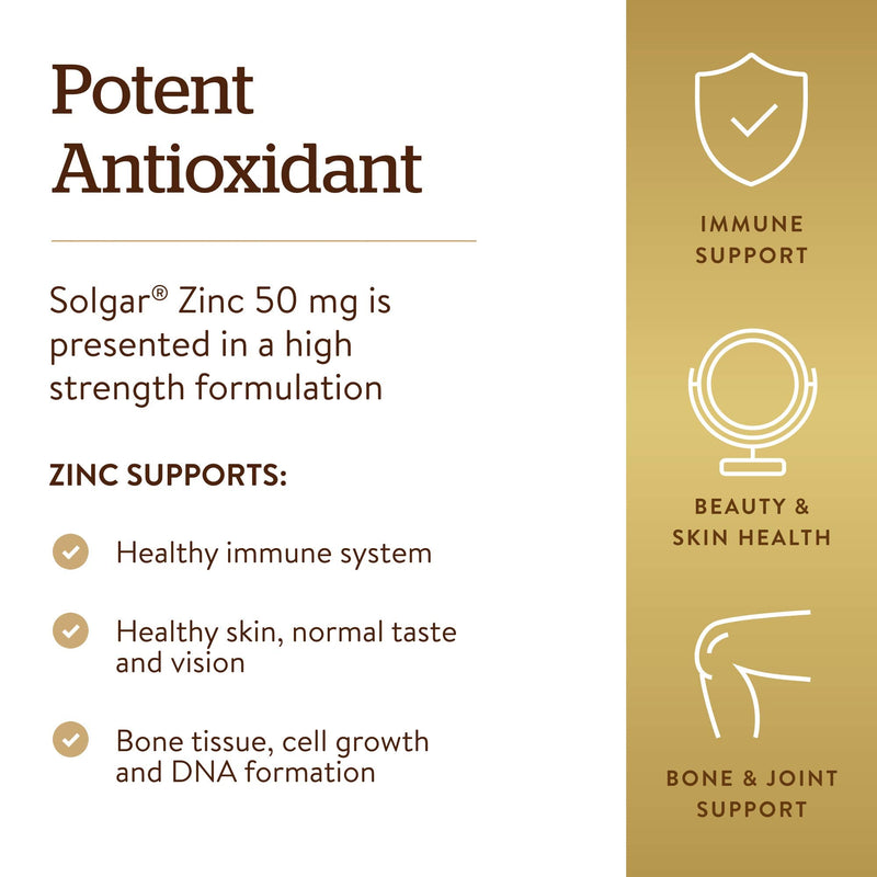 [Australia] - Solgar Zinc 50 mg, 100 Tablets - Zinc for Healthy Skin, Taste & Vision - Immune System & Antioxidant Support - Supports Cell Growth & DNA Formation - Non GMO, Vegan, Gluten Free - 100 Servings 100 Count (Pack of 1) 