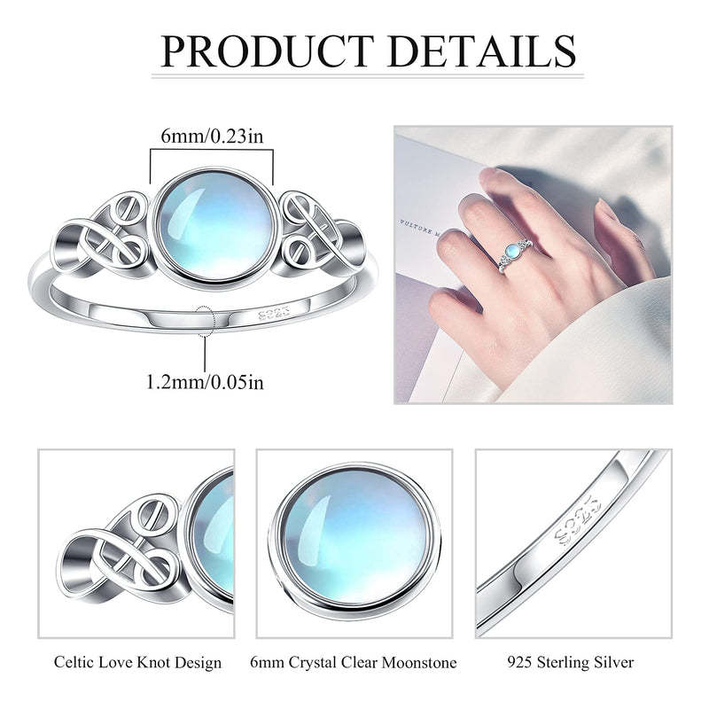 [Australia] - Fansilver Moonstone Ring Sterling Silver For Women Celtic Knot Ring Round Synthetic Moonstone Ring Victorian Style Dainty Ring For Engagement Anniversary Wedding Ring Size 5-9 