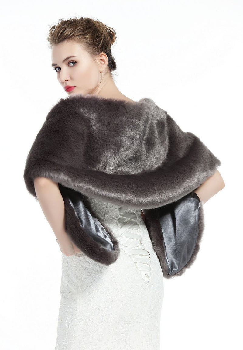 [Australia] - Wedding Faux fur Shawl For Women Bridal Cape Cover Up Party Gown Wrap Winter Stone Gray 