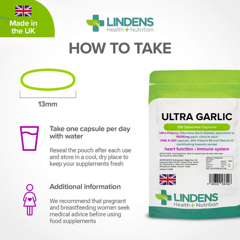 [Australia] - Lindens Ultra Garlic Odourless Capsules - 120 Pack - Including Vitamin B1 and D3 - Contributes to Normal Muscle Function, Heart and Immune Health - 15000mg Garlic (10500mcg Allicin) - UK Manufacturer, Letterbox Friendly 