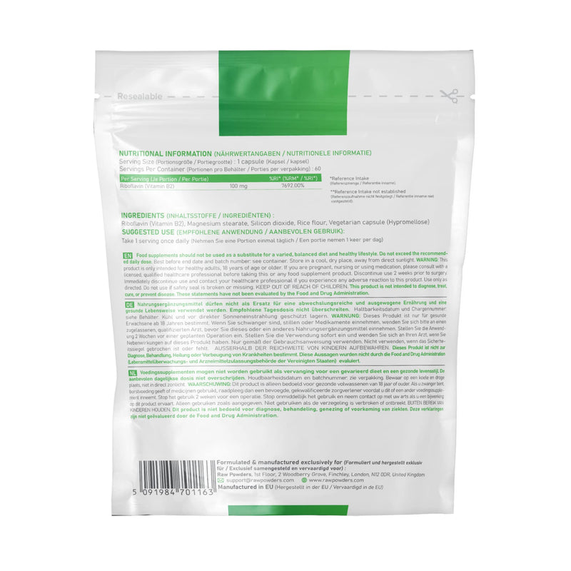 [Australia] - Riboflavin 100 mg 60 Tablets High Strength - Vegan Vitamin b2 riboflavin Supplement - Non-GMO & Gluten-Free - Helps with Tiredness and Fatigue, Supports Energy Levels by Raw Powders 