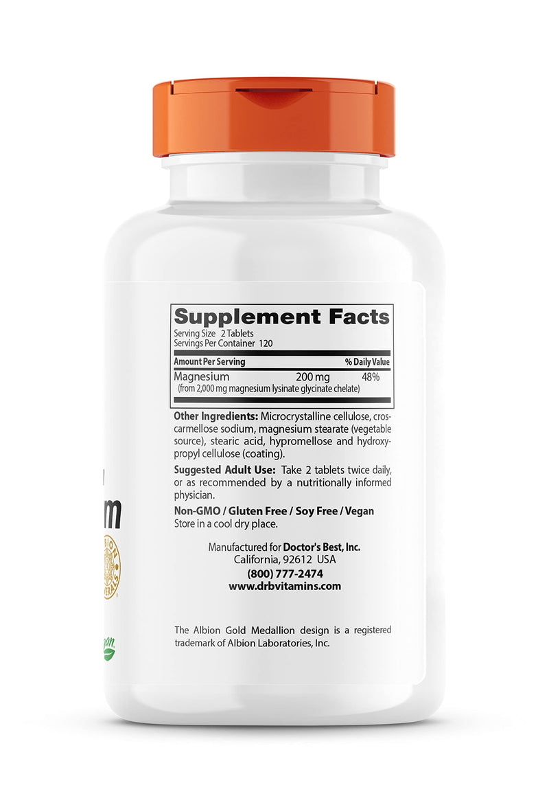 [Australia] - Doctor's Best High Absorption Magnesium Glycinate Lysinate, 100% Chelated, Non-GMO, Vegan, Gluten & Soy Free, 100 mg, 240 Count (Pack of 1) 