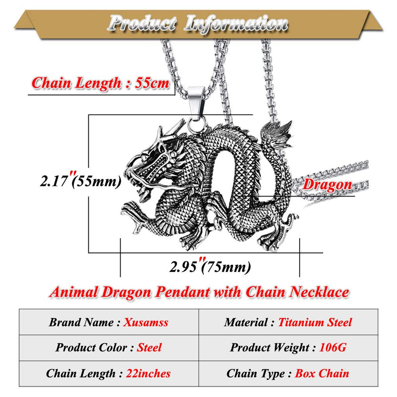 [Australia] - Xusamss Hip Hop DJ Titanium Steel Huge Dragon Pendant Necklace,22inches Link Chain 316l steel 