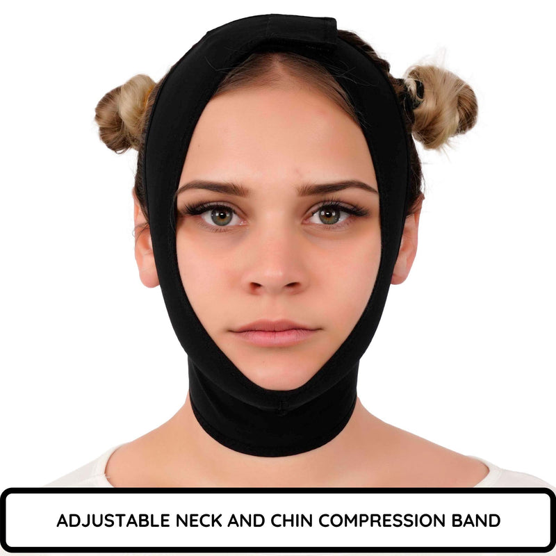 [Australia] - Post Surgery Neck and Chin Compression Garment Wrap Bandage for Women, Face Slimmer, Jowl Tightening, Neck Coverage, Chin Lifting Strap Black Medium (Pack of 1) 