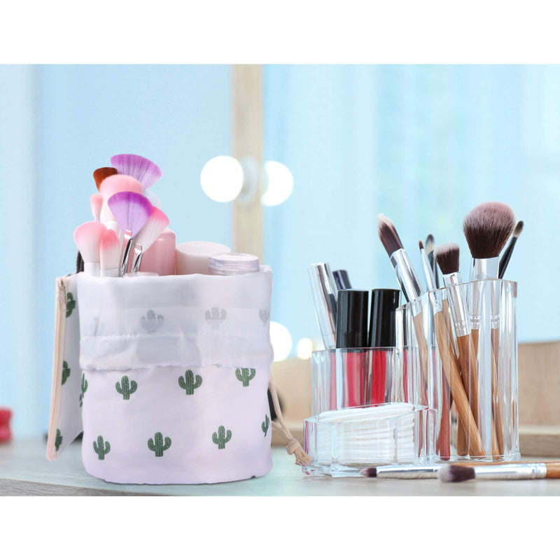[Australia] - 3 Sets Barrel Storage Bag Makeup Bag Foldable Portable Drawstring Travel Cosmetic Bags Waterproof Barrel Makeup Bag for Women Girl (Flamingo, Feather, Cactus) 