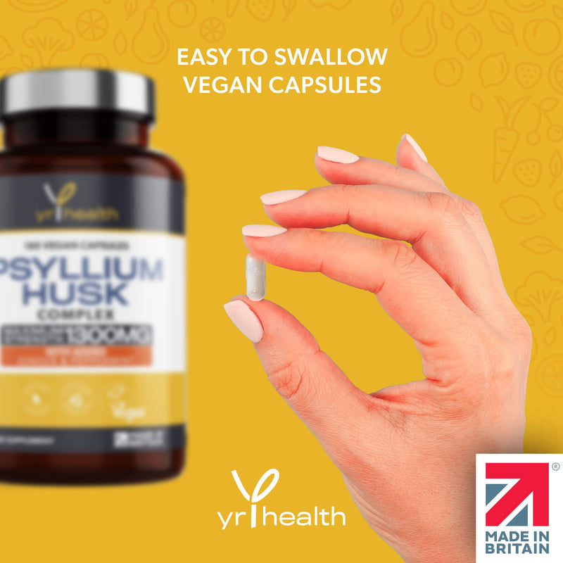 [Australia] - Psyllium Husks Capsules - 1300mg Fibre Supplement - 180 Vegan Capsules with Added Peppermint & Ginger - 2 Capsules not Tablets Per Serving - Plantago Ovata Plant Seeds - Made in The UK by YrHealth 