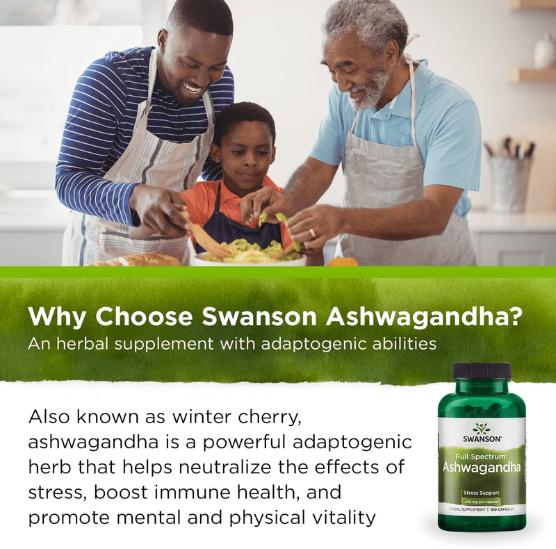 [Australia] - Swanson Ashwagandha Powder Supplement-Ashwagandha Root & Aerial Parts Supplement Promoting Stress Relief & Energy Support-Ayurvedic Supplement for Natural Wellness (100 Capsules, 450mg Each) 1 