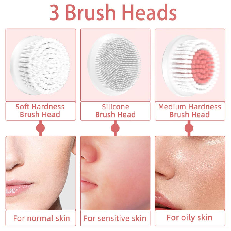 [Australia] - Leuxe Facial Cleansing Brush, 3 Modes Face Cleansing Brush with 3 Replacement Brush Heads, Rotating Face Brush for Deep Cleansing Pink 
