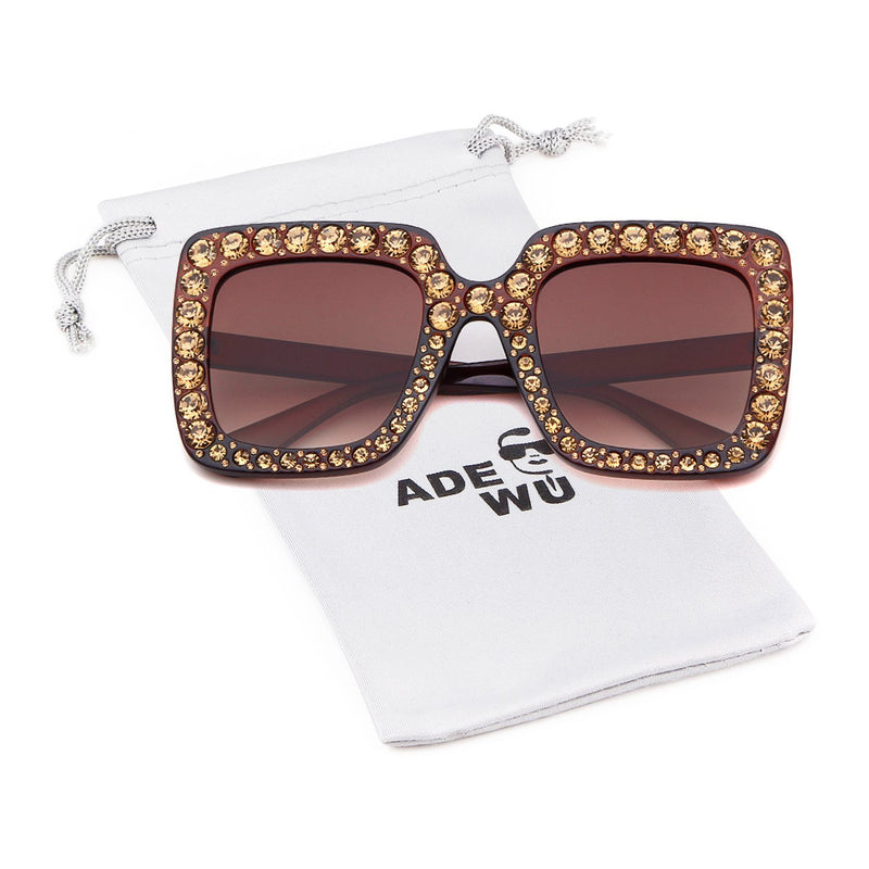 [Australia] - ADEWU Oversized Square Diamond Sunglasses Women UV400 Crystal Full Fram Big Eyewear Brown 