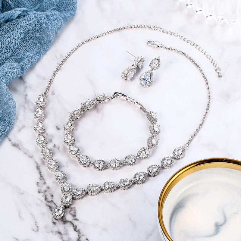 [Australia] - BriLove Women's Wedding Bridal Teardrop CZ Infinity Figure 8 Y-Necklace Tennis Bracelet Dangle Earrings Set Clear 
