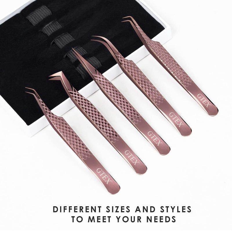 [Australia] - GTEX Lash Eyelash Extension Tweezers Set of 5, Japanese Stainless Steel Tools Straight Curved 45 90 Degree Angled Tip, Volume Tweezers Precision Rose Gold 