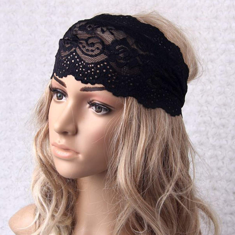 [Australia] - Beaupretty Elastic Bandana Hairband Lace Headband Vintage Headwrap Hair Accessories for Sports Yoga Daily Party (Black) Black 