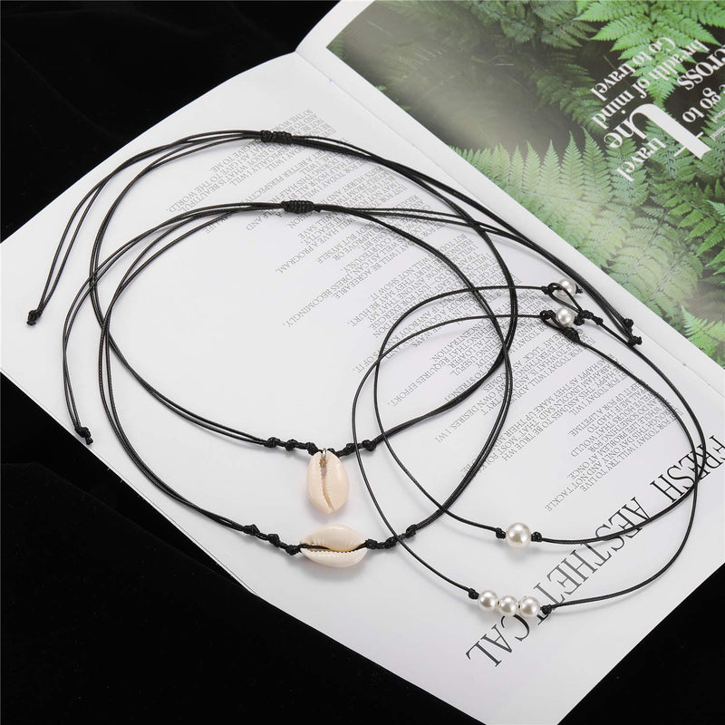 [Australia] - Strain Single Pearl Choker Necklace for Women Girls Summer Beach Black Leather Shell Necklace Set, 3Pcs 3 Pack Choker Necklace-Style 1 