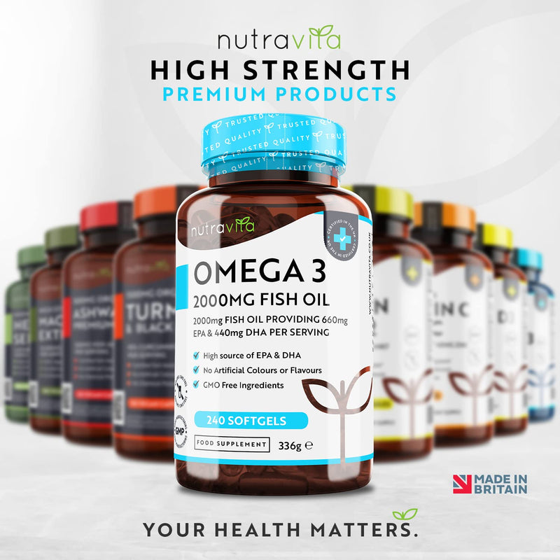 [Australia] - Omega 3 Fish Oil 2000mg – 240 High Strength Capsules (4 Month Supply) – 660mg EPA & 440mg DHA per Daily Serving – Supports Normal Heart Function – Pure Omega 3 Capsules – Made in The UK by Nutravita 