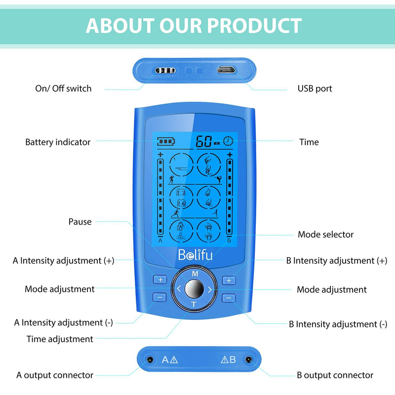 [Australia] - Belifu Dual Channel TENS EMS Unit 24 Modes Muscle Stimulator for Pain Relief Therapy, Electronic Pulse Massager Muscle Massager with 10 Pads, Dust-Proof Drawstring Storage Bag，Fastening Cable Ties… Blue 