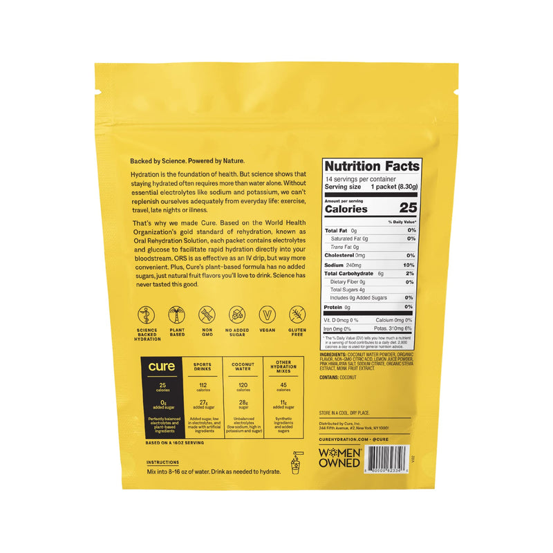 [Australia] - Cure Hydrating Electrolyte Mix | Electrolyte Powder for Dehydration Relief | Made with Coconut Water | No Added Sugar | Vegan | Paleo Friendly | Pouch of 14 Hydration Packets - Lemon Flavor 4.09 Ounce (Pack of 14) 