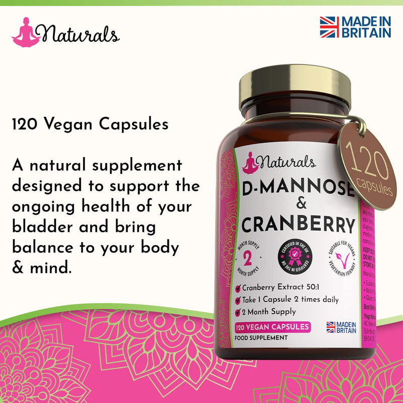 [Australia] - 120 D-Mannose and Cranberry Capsules - (2 Months Supply) 1000mg D Mannose & Cranberry Extract Per Serving - UK Made Vegan Supplement (Not Tablets) - High Strength Natural UTI Support for Women & Men 120 Count (Pack of 1) 