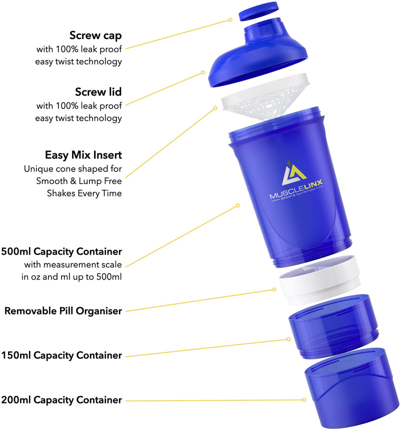 [Australia] - Protein shaker screw top 100% LEAK PROOF drinks bottle 500ml to 700ml by Musc (stunning blue transparent plus storage) Stunning Blue Transparent Plus Storage 