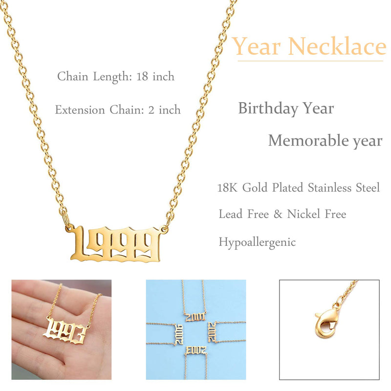 [Australia] - Birthday Year Necklace, 18K Gold Plated Stainless Steel Birth Year Number Pendant Necklace Memorable Anniversary Jewelry for Women Girls 1998 