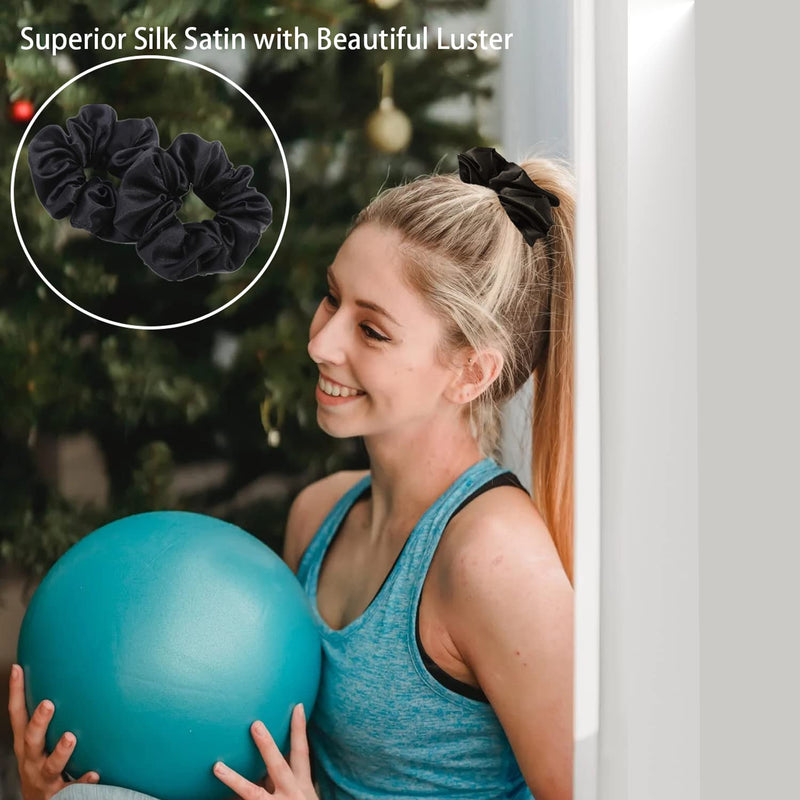 [Australia] - 2 PCS Hair Scrunchies, Black Color Satin Silk Stretchy Solid Color Hairbands for Thick hair Curly Hair Thin Hair Sleeping Traceless Frizz Prevention Girls Women Use Black 2pcs 