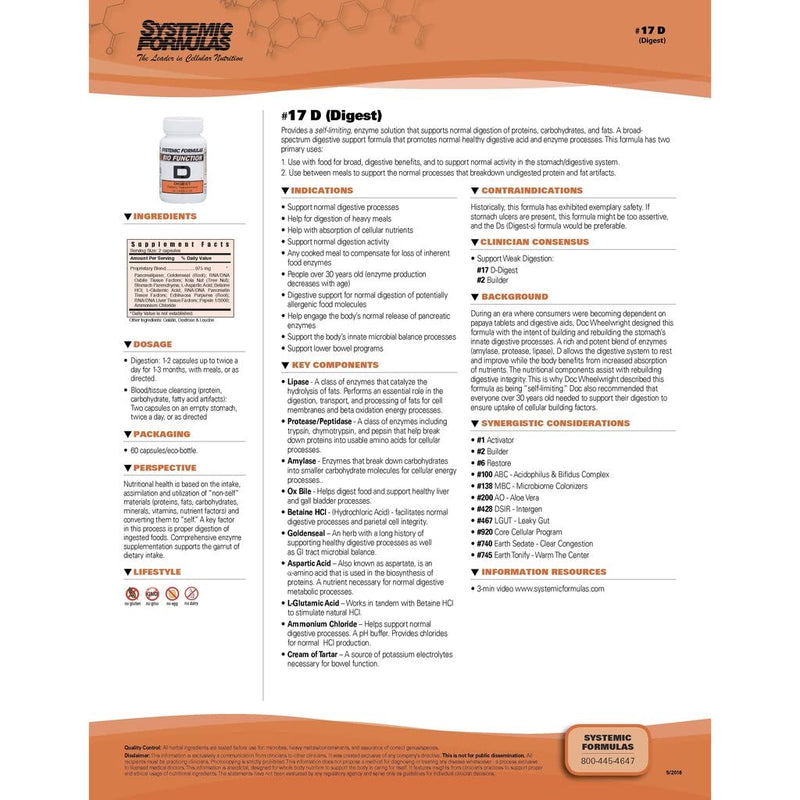 [Australia] - Systemic Formulas Bio Function #17 D Digest 60 Capsules. Helps Digestion of Heavy Meals and Absorption of Nutrients. 
