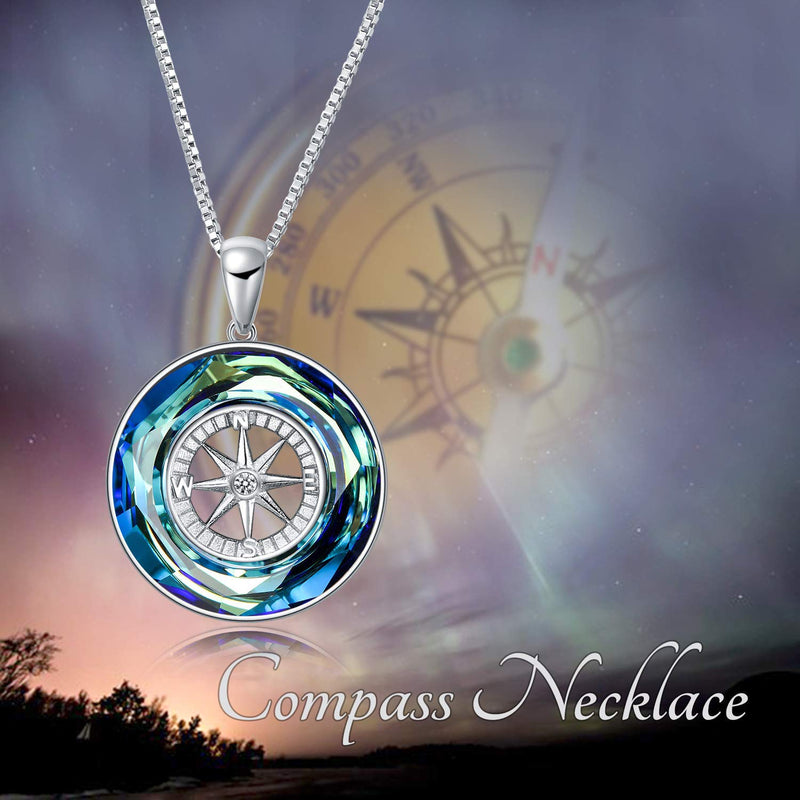 [Australia] - AOBOCO Compass Necklace Sterling Silver Circle Pendant Necklace with Swarovski Crystal,Jewelry Gift for Women Men Girls Blue Crystal 