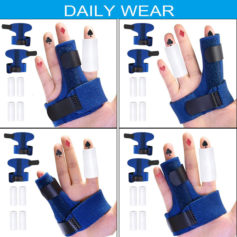 [Australia] - 1 Pairs Trigger Finger Splint Left and Right Hand, Adjustable Mallet Finger Support Brace with 4 Gel Sleeves for Broken Fingers, Finger Stabilizer with Built-in Aluminium Bar for Sprains Blue 
