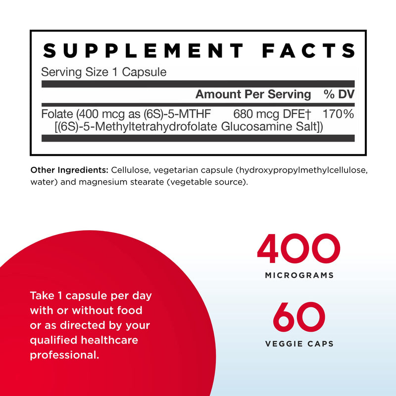 [Australia] - Jarrow Formulas Methyl Folate 400 mcg - 60 Veggie Caps - Highly Biologically Active Form of Folate - 4th Generation Folic Acid Technology - 60 Servings 60 Count (Pack of 1) 