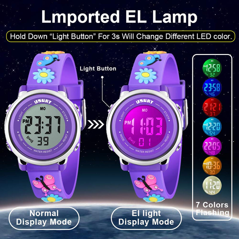 [Australia] - Kids Watch 3D Cartoon Toddler Wrist Digital Watch Waterproof 7 Color Lights with Alarm Stopwatch for 3-10 Year Boys Girls Little Child A Butterfly Pueple 