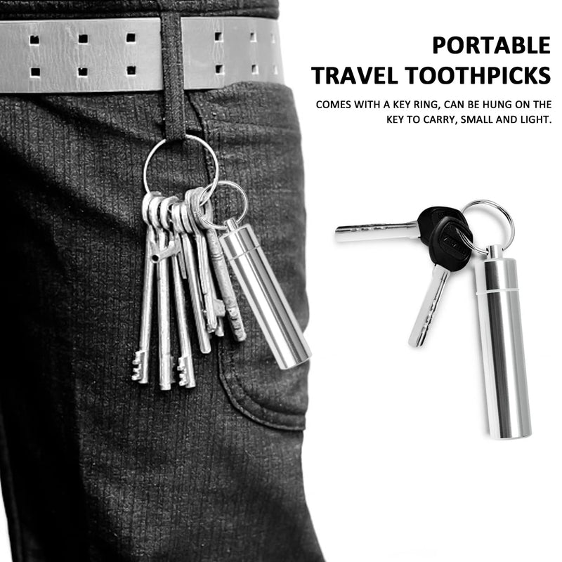 [Australia] - SIKAMARU 14 Pcs Stainless Steel Toothpick Cartridge with 2 Piece Carabiner, Portable Toothpicks, Reusable, Teeth Cleaner, Dental Floss, Dental Care Kit, Suitable for Outdoor Picnic, Camping, 60 grams 