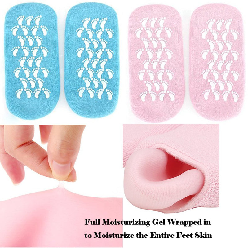 [Australia] - Moisturizing Socks Heel Gel Sock - Callus Rough Foot Care Treatment Soft Silicone Gel Lined Infused Lotion Spa Socks|2 Pairs Cotton Gel Sleeves For Repairing Softening Dry Cracked Feet Skins Blue & Pink 