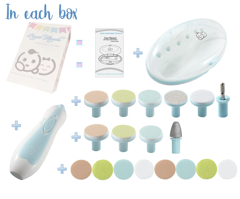 [Australia] - Baby Nail Clippers 20 in 1 by Royal Angels, Safe Electric Baby Nail Trimmer, Baby Nail File Kit, Additional Replacement Heads, Newborn Toddler Toes and Fingernails, Trim and Polish (Blue) Blue 