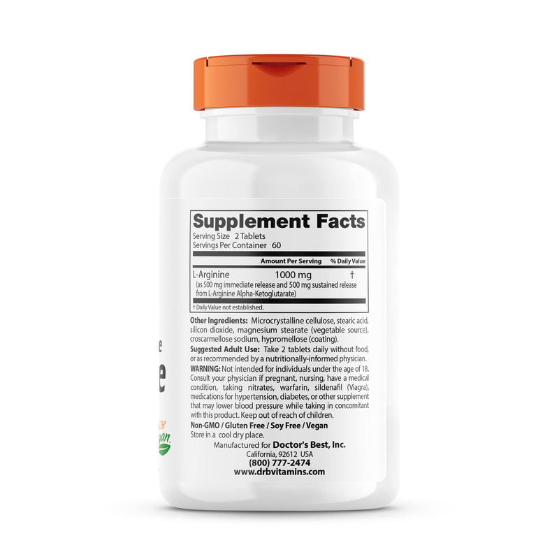 [Australia] - Doctor's Best Sustained Plus Immediate Release L-Arginine, Non-GMO, Vegan, Gluten & Soy Free, 500 mg, 120 Count 